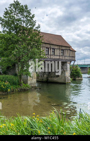 Le Vieux Moulin on a Medieval Bridge across the River Seine, Vernon, Eure, Normandy, France Stock Photo