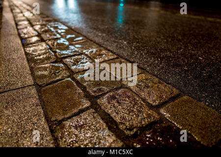 Wet rainy day closeup of a bicycle lane with cobblestone siding and the traffic lights reflections Stock Photo