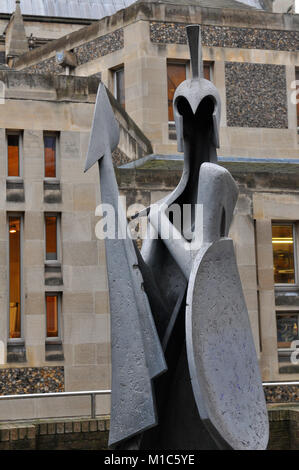 A statue, art installation or sculpture outside of siuthwark cathedral in the form of a Classical Greek or roman figure depicting warrior. Sightseeing Stock Photo