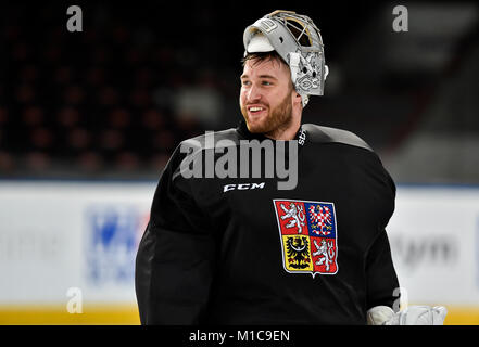 Prague, Czech Republic. 29th Jan, 2018. Pavel Francouz, ice hockey player of the Czech national team, attends a training session in Prague, Czech Republic, on Monday, January 29, 2018, prior to the 2018 Winter Olympics in Pyeongchang, South Korea. Credit: Michal Kucera/CTK Photo/Alamy Live News Stock Photo