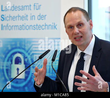 Nuremberg, Germany. 29th Jan, 2018. Daniel Kleffel, head of the Bavarian office for security and information technology (LSI) speaks during the opening of the office in Nuremberg, Germany, 29 January 2018. Credit: Daniel Karmann/dpa/Alamy Live News Stock Photo