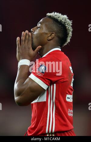 ADAMA TRAORE MIDDLESBROUGH FC MIDDLESBROUGH FC V BRIGHTON FC RIVERSIDE STADIUM, MIDDLESBROUGH, ENGLAND 27 January 2018 GBB6271 STRICTLY EDITORIAL USE ONLY. If The Player/Players Depicted In This Image Is/Are Playing For An English Club Or The England National Team. Then This Image May Only Be Used For Editorial Purposes. No Commercial Use. The Following Usages Are Also Restricted EVEN IF IN AN EDITORIAL CONTEXT: Use in conjuction with, or part of, any unauthorized audio, video, data, fixture lists, club/league logos, Betting, Games or any 'live' services. Also Restricted Stock Photo