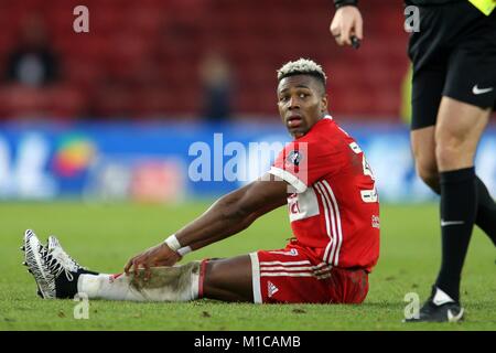 ADAMA TRAORE MIDDLESBROUGH FC MIDDLESBROUGH FC V BRIGHTON FC RIVERSIDE STADIUM, MIDDLESBROUGH, ENGLAND 27 January 2018 GBB6265 STRICTLY EDITORIAL USE ONLY. If The Player/Players Depicted In This Image Is/Are Playing For An English Club Or The England National Team. Then This Image May Only Be Used For Editorial Purposes. No Commercial Use. The Following Usages Are Also Restricted EVEN IF IN AN EDITORIAL CONTEXT: Use in conjuction with, or part of, any unauthorized audio, video, data, fixture lists, club/league logos, Betting, Games or any 'live' services. Also Restricted Stock Photo