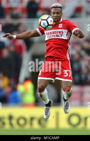 ADAMA TRAORE MIDDLESBROUGH FC MIDDLESBROUGH FC V BRIGHTON FC RIVERSIDE STADIUM, MIDDLESBROUGH, ENGLAND 27 January 2018 GBB6256 STRICTLY EDITORIAL USE ONLY. If The Player/Players Depicted In This Image Is/Are Playing For An English Club Or The England National Team. Then This Image May Only Be Used For Editorial Purposes. No Commercial Use. The Following Usages Are Also Restricted EVEN IF IN AN EDITORIAL CONTEXT: Use in conjuction with, or part of, any unauthorized audio, video, data, fixture lists, club/league logos, Betting, Games or any 'live' services. Also Restricted Stock Photo