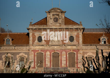 January 29, 2018 - Barcelona, Catalonia, Spain -  In Barcelona the Catalan Parliament building is seen hours prior to the Catalonia President investiture debate. The Catalan Parliament  convened the debate on investing Carles Puigdemont as president of Catalonia for Tuesday 30th January. The announcement came despite threats from the Spanish government that they would challenge a potential Puigdemont candidacy to Spain's Constitutional Court. Stock Photo