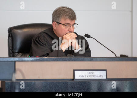 January 29, 2018 - West Palm Beach, Florida, U.S. - Circuit Judge John Kastrenakes is seen after 24-year-old Jefty Joseph was escorted out of the courtroom following an outburst during his trial at the Palm Beach County Courthouse in West Palm Beach, FL., on Monday, January 29, 2018. Joseph was found guilty of first degree murder in the 2013 shooting of Gustavo Falsetti Cabral. (Credit Image: © Andres Leiva/The Palm Beach Post via ZUMA Wire) Stock Photo