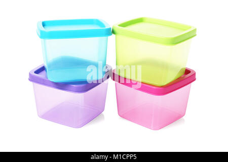 Colourful Square Plastic Containers on White Background Stock Photo