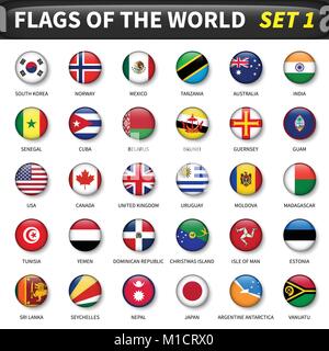 All flags of the world set 1 . Circle and convex design . Stock Vector