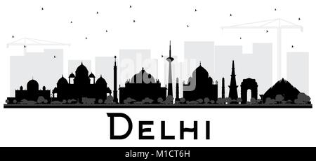 Delhi India City Skyline Black and White Silhouette. Vector Illustration. Simple Flat Concept for Tourism Presentation, Placard. Business Stock Vector