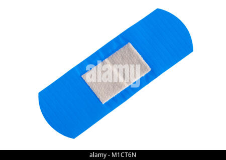 Blue detectable plaster. Sticking plaster cut out or isolated on a white background. First aid plaster. Stock Photo