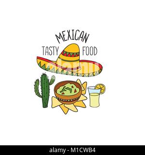 Mexican food symbol. National cuisine set. Mexican dish doodles sign. Fastfood icons with musical instrument and sombrero hat. Stock Vector