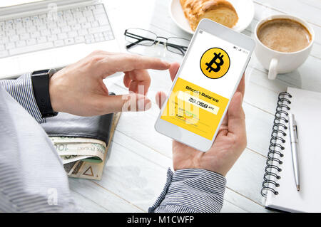 Man checks bitcoin rate at his cryptocurrency wallet. Smartphone application was created in graphic program. Stock Photo