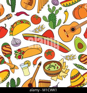 Mexican food and musical instruments icons seamless pattern. Traditional mexican culture icons background Stock Vector