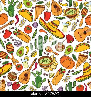 Mexican food and musical instruments icons seamless pattern. Traditional mexican culture icons background Stock Vector