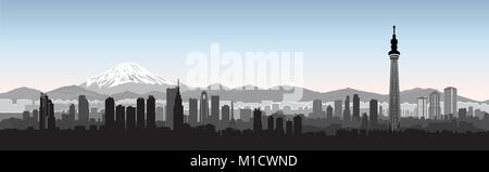 Tokyo city skyline  with Sky tree building view and mountain Fuji on background. Travel Japan background. Stock Vector