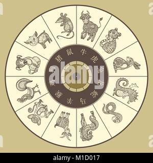Chinese zodiac wheel with twelve. Vector hand drawn cartoon animals Stock Vector