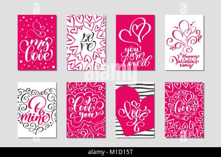Set Love Vector Valentines day cards templates. Hand drawn February 14 gift tags, labels or posters collection. Vintage love lettering background Stock Vector