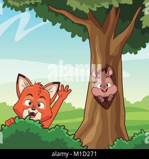 Cat and squirrel at forest Stock Vector