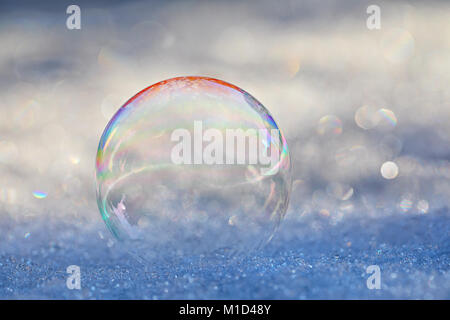 Yin-Yang light passing through a bubble on snow in sunlight before the bubble freezes Stock Photo