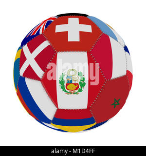 Soccer ball with the color of the flags of the countries participating in the world on football, in the middle Peru, 3D rendering Stock Photo
