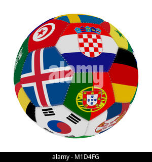 Soccer ball with the color of the flags of the countries participating in the world on football, in the middle Iceland, Croatia and Portugal, 3D rende Stock Photo
