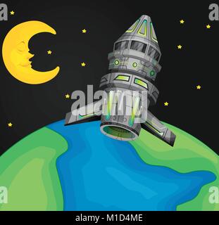 Spaceship flying over the world illustration Stock Vector