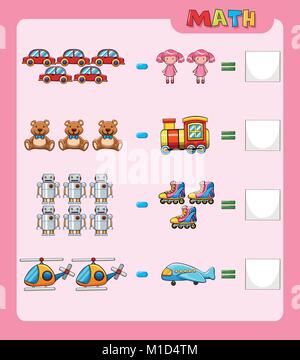 Math worksheet for subtraction with pictures illustration Stock Vector