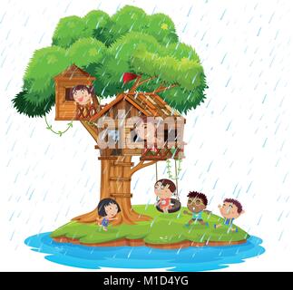 Children playing at the treehouse illustration Stock Vector Image & Art ...