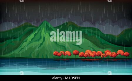 Nature scene with red trees and big lake illustration Stock Vector
