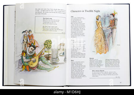 An illustrated book of Shakespeare's plays open at the characters of Twelfth Night Stock Photo