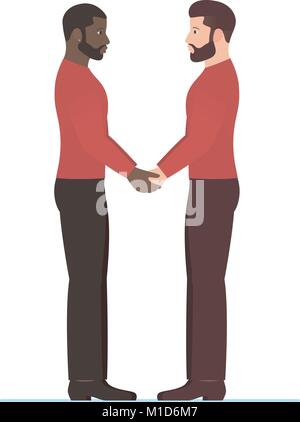 Afro american man and white man, multiracial gay couple in love, holding hands and looking into each others eyes, in full growth standing. Happy Valentines day, engagement or wedding or anniversary. Stock Vector