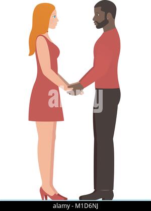 Happy Valentines day, February 14th. Bearded afro american man with beautiful redhead woman, happy multiracial couple in love, holding hands and looking into each others eyes, in full growth standing Stock Vector