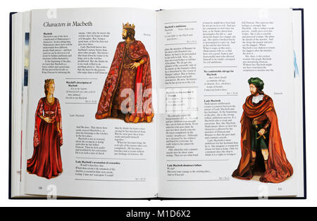 An illustrated book of Shakespeare's plays open at the characters of Macbeth Stock Photo