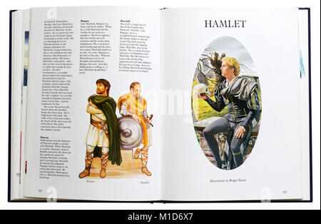 An illustrated book of Shakespeare's plays open at the characters of Macbeth and Hamlet Stock Photo