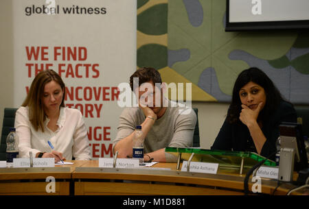 Global Witness campaigns leader Ellie Nichol, BBC McMafia star James Norton and journalist Anushka Asthana at an event held by the anti-corruption NGO at Portcullis House in Westminster, London, where new data analysis was launched detailing the number of anonymously owned properties in the UK. Stock Photo