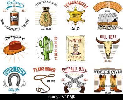 Cowboy set badges. Wild west, rodeo or indians with lasso. hat and gun, sheriff star, boot with horseshoe. engraved hand drawn in old sketch or and vintage style and labels for prints. logo or emblem. Stock Vector