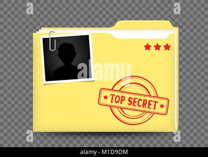 The top secret closed yellow folder correspondence with stamp photo snapshot and shadow on transparent background Stock Vector