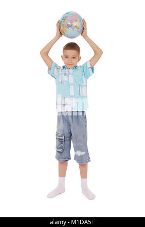 The boy holds the globe in hands. On white background. Stock Photo