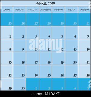 CALENDAR PLANNER MONTH APRIL 2018 ON THREE SHADES OF BLUE COLOR BACKGROUND Stock Vector