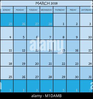 CALENDAR PLANNER MONTH MARCH 2018 ON THREE SHADES OF BLUE COLOR BACKGROUND Stock Vector