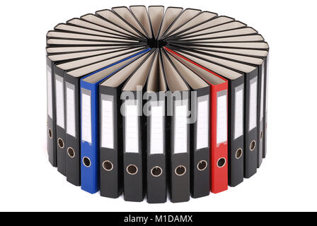 The big black folders located on a circle on a white background. A red and dark blue folder. Stock Photo