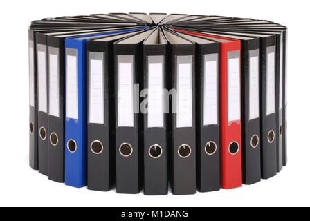 The big black folders located on a circle on a white background. A red and dark blue folder. Stock Photo