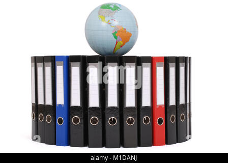 The big black folders located on a circle on a white background. A red and dark blue folder from above the globe. Stock Photo