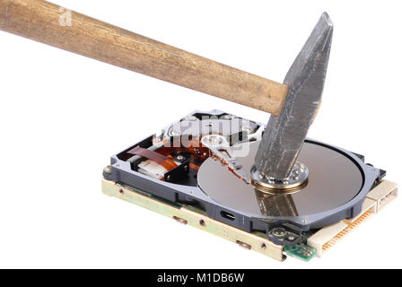 Destroying data from hard disk - conceptual photo. On white background Stock Photo