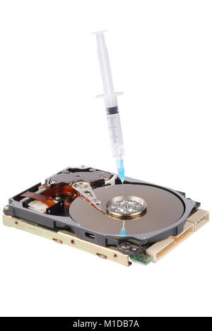 Destroying data from hard disk - conceptual photo. On white background Stock Photo