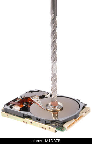 Destroying data from hard disk - conceptual photo. On white background Stock Photo