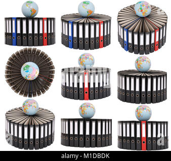 Nine big black folders located on a circle on a white background. A red and dark blue folder from above the globe. Stock Photo