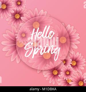 Hello spring text, floral background. Stock Vector
