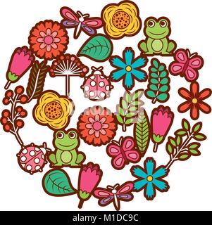 set of spring theme nature flowers love birds butterflies ladybugs frog dragonfly