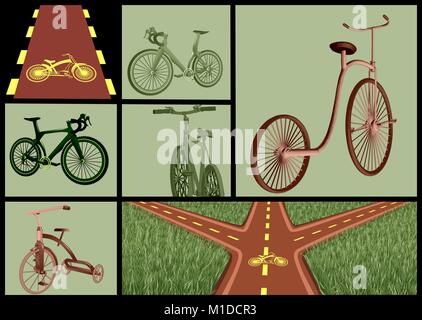 bicycles and roads set with green grass Stock Vector